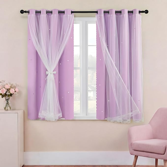 XiDi Purple Curtains for Girls Bedroom 2 Panels 45 Inches Long Hollow-Out Star Kids Nursery Blackout Curtains Princess Mermaid Wall Decor Double Layer Grommet Window Drapes Lilac Purple W34 x L45