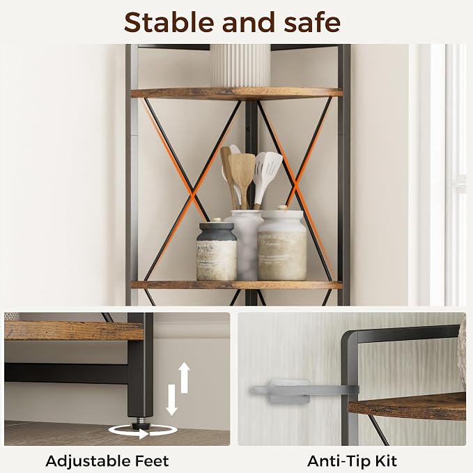 5 Tier Corner Shelf Stand, 64" H Tall Industrial Corner Bookshelf for Living Room Decor, Metal Corner Shelf, Plant Stand Display Shelf for Bedroom, Bathroom, Small Space, Rustic Brown
