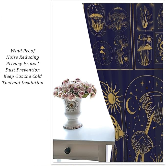Mushroom Curtains,Boho Style Mystical Plant Sun Moon Print Window Treatments for Bedroom Living Room Kitchen Purple Herbs Window Drapes 2 Panels Set,Total Size 42 x 63 Inch