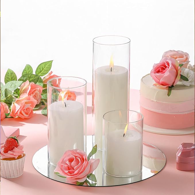 Shihanee Set of 6 Pillar Candles with Glass Cylinder Vases Clear Cylinder Hurricane Candleholders for Slim Tall Pillar Candles Wedding Table Centerpieces(3'' X 5.9", 7.9", 9.8",White)