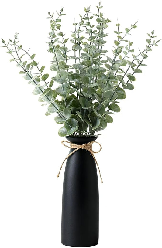 Vase with Greenery, 20pcs Artificial Eucalyptus Stems in Black Vase, Fake Plant Home Decor, 19" Decorative Faux Plants for Home Farmhouse Mantle Centerpiece Decor