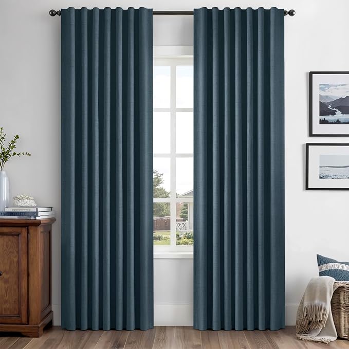 MIULEE 100% Blackout Linen Curtains for Bedroom, Navy Solid Luxury Decor Thermal Insulation Room Darkening Drapes for Living Room Back Tab Rod Pocket 42 x 72 Inches, 2 Panels