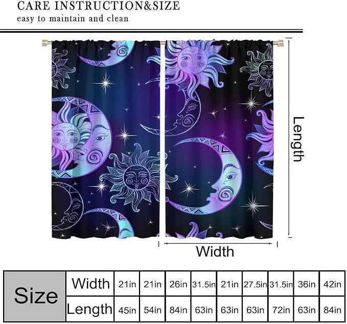 Fantasy Sun Moon Blackout Curtains, Boho Purple Black Stars Galaxy Rod Pocket Window Treatment Drapes for Bedroom Living Room 63" W X 63" L
