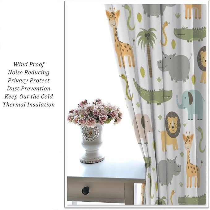 Nursery Safari Animals Curtains, Baby Boy Girl Kids Woodland Jungle Forest Lion Elephant Printed Curtains for Living Room Bedroom Window Drapes 2 Panel Sets63x63 Inch