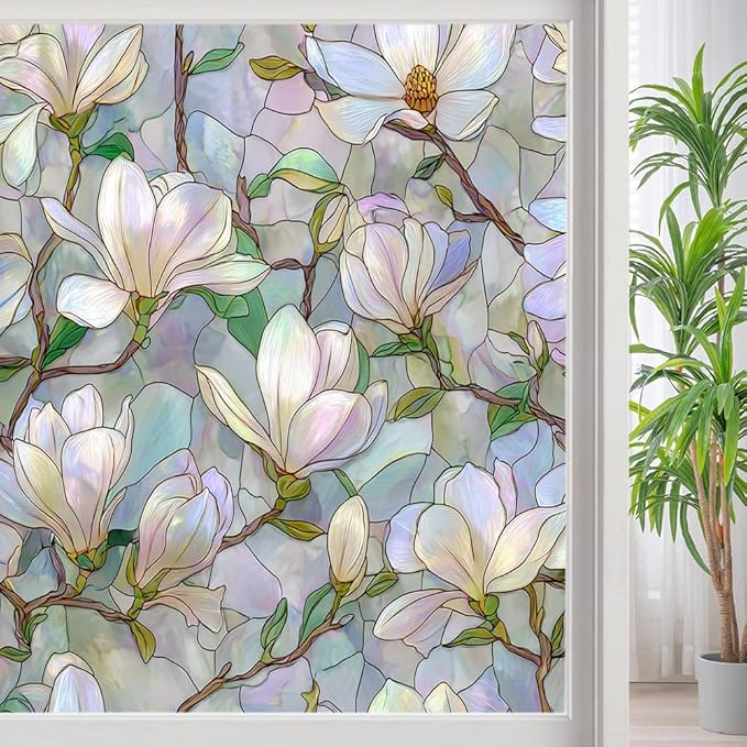 Vintage Magnolia Flower Privacy Window Film, Elegant White Floral Frosted Self-Adhesive Vinyl Cling for Glass Doors Bathroom Windows Sun Blocking Heat Control, 23.6Wx35.4L inch