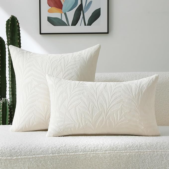 FUTEI Cream Decorative Throw Pillow Covers 26x26 Inch Set of 2,Soft Chenille Phoenix Tail Leaf Textured Euro Pillow Shams,Modern Home Decor for Couch Bed Living Room