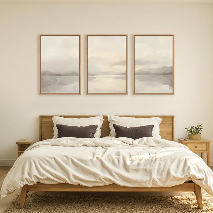 LHIUEM Large Abstract Neutral Beige Pastel Framed Canvas Wall Art,Modern Watercolor Lakes Wall Decor,Nature Mountain Minimalist Artwork for Living Room,Bedroom,Dining Room,Office -24"x36"x3