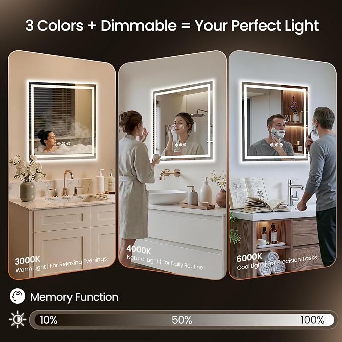 36X36 LED Bathroom Mirror with Lights, Anti-Fog, Backlit + Front Lit (CRI>90), Lighted Bathroom Vanity Mirror for Wall, Memory Function, Dimmable, Tempered Glass, Shatter-Proof