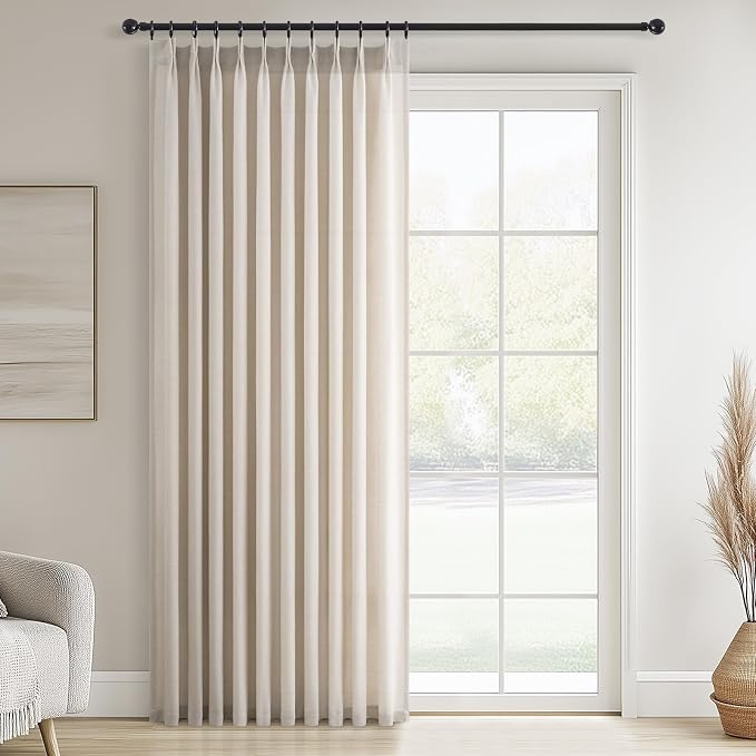 Topfinel 96 Inches Long Pinch Pleated Semi Sheer Curtains,Oatmeal Linen Blended Light Filtering Window Curtains 96 Length for Living Room Bedroom Pinch Pleat Drapes with Hooks 1 Panels 60" Wx96 L