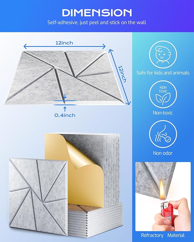 12 Pack Acoustic Panels, Sound Proof Foam Panels for Walls, Self-Adhesive High Density Soundproof Wall Panels, 12" X 12" X 0.4", Sound Absorbing Panels for Home, Studio, Office (Silver Gray)