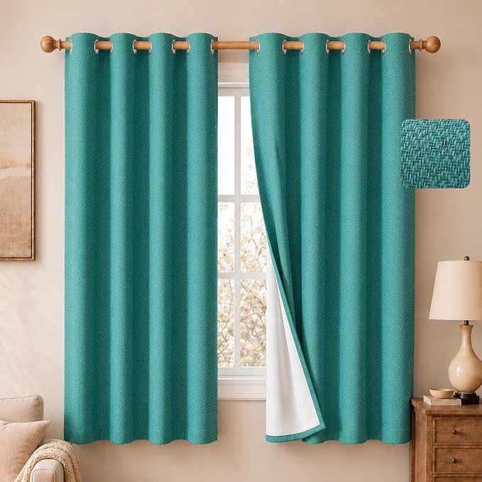 2 Panels 100% Blackout Linen-Textured Curtains, Thick Thermal Insulated Grommet Drapes with Subtle Herringbone Weave, Luxury Decor for Bedroom/Living Room, 54 x 63 Inches, Teal