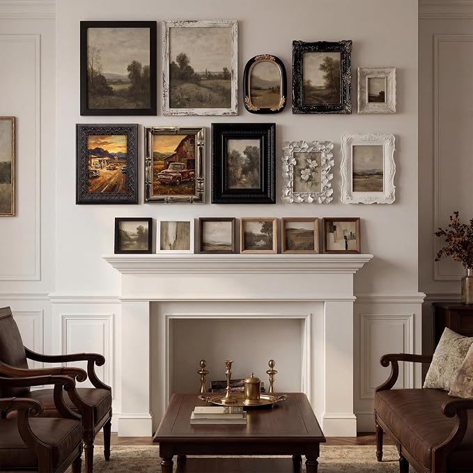 Kathfly 15 Pack Vintage Picture Frames for Wall, Tabletop Display Ornate French Country Frames Vintage Farmhouse Decor Antique Wall Frame Set for Gallery Bedroom Living Room Decor (Retro in Black)