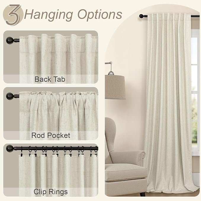 Burlap Curtains 90 Inches Long for Bedroom 2 Panel 100 Percent Blackout Linen Textured Full Light Blocking Cottage Drape for Living Room Dining Noise Reducing Sound Proof Curtains 52x90 Length Beige