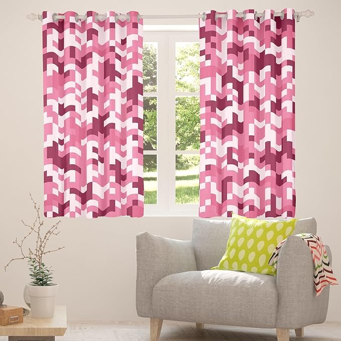 Castle Fairy Pink Checked Window Curtain,Pink Dark Camouflage Bedroom Decor Curtains,Kids Boys Teens Geometric Plaid Window Treatment Modern Video Games Blackout Drapes 2 Panels,38Wx45L