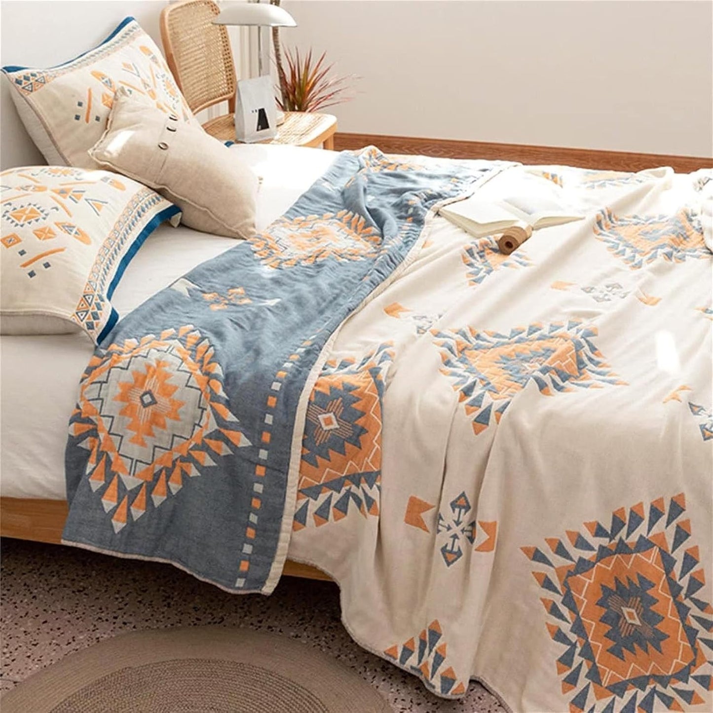 100% Cotton Throw Blankets for Couch Bed Chair Sofa,Cotton Quilt Throw Woven Boho Bed Blankets,Versatile Knit Woven Super Soft Decorative Blanket for Women,80''Wx 90''L