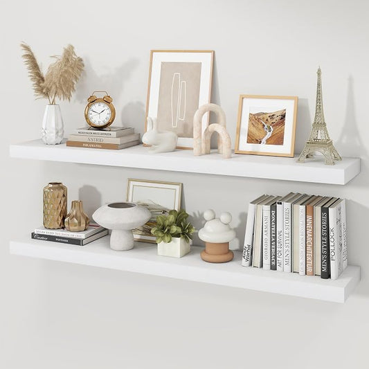 Floating Shelves for Wall, 9.3" Deep Wall Mounted Wood Shelves for Bathroom, Bedroom, Living Room, Kitchen, Hanging Shelf for Books/Storage/Room Decor (White, 48")
