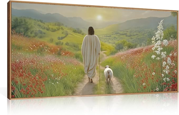 LHIUEM Large Jesus and Lamb Christian Framed Canvas Wall Art,Leaves The 99 Sheep Wall Decor,Mountain Sunset Flower Bible Artwork for Living Room,Bedroom,Dining Room,Office -20''x40''x1