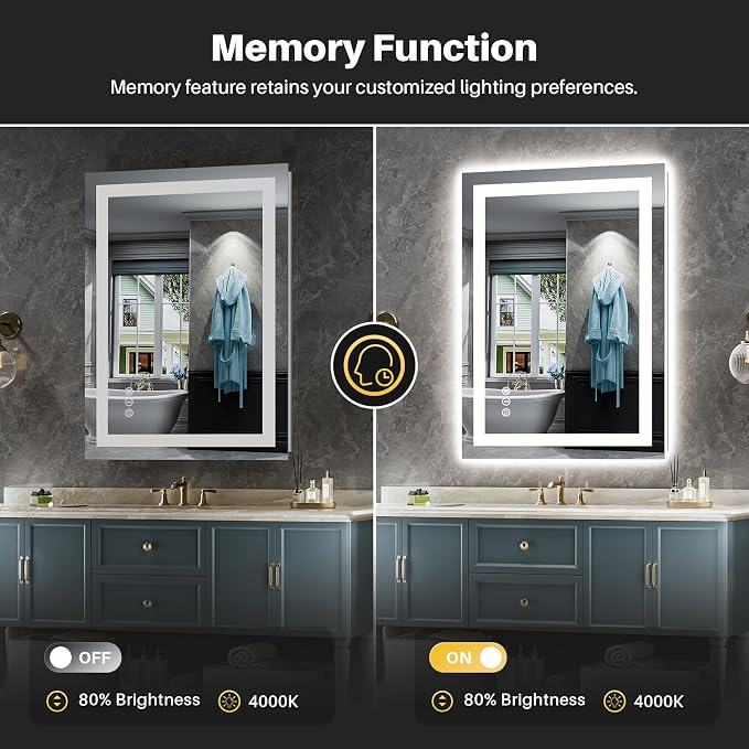 Briivue 24x30 Inch LED Bathroom Mirror with Lights, Backlit & Front Lit, Anti-Fog Lighted Bathroom Vanity Mirror for Wall, Memory Function, Dimmable, HD Tempered Glass, Shatter-Proof