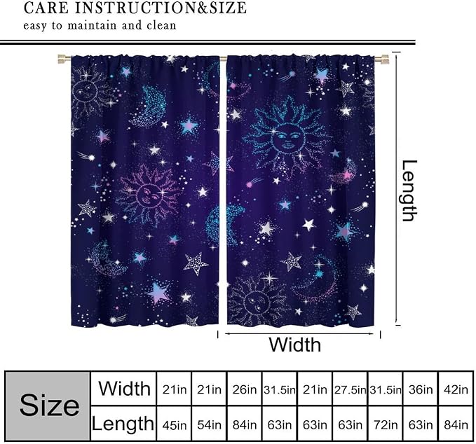 Sun Moon Stars Blackout Window Curtains, Space Galaxy Pattern Print Window Treatment Drapes for Bedroom Living Room 52" W X 84" L
