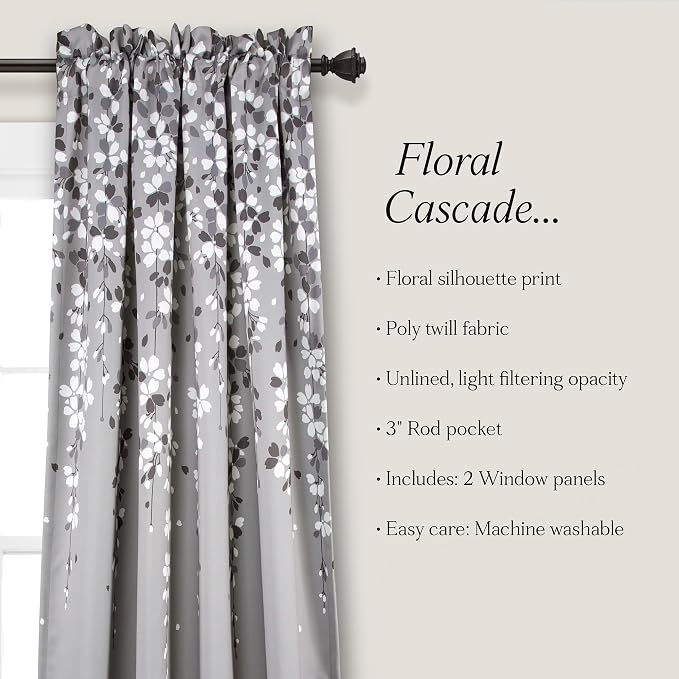 Lush Decor Weeping Flower Light Filtering Window Curtain Panels, Pair, 52"W x 84"L + 2" Header, Gray - Charming Modern Floral Curtains for Living Room, Dining Room, & Bedroom