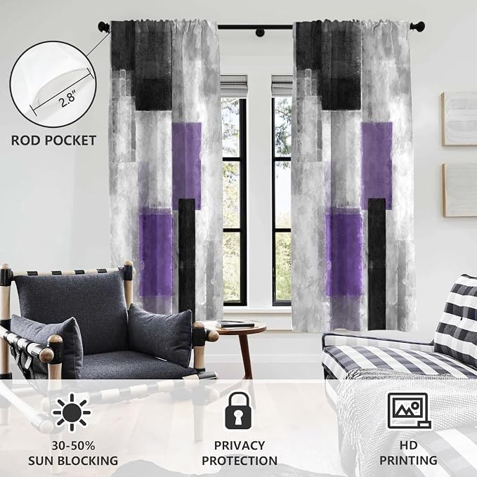 AAtter Purple Grey and Black Abstract Curtains for Living Room, Modern Art Fabric Rod Pocket Window Drapes for Bedroom, Dark Gradient Geometric Aesthetic Room Decor, 42" W x 63" L, 2 Panels