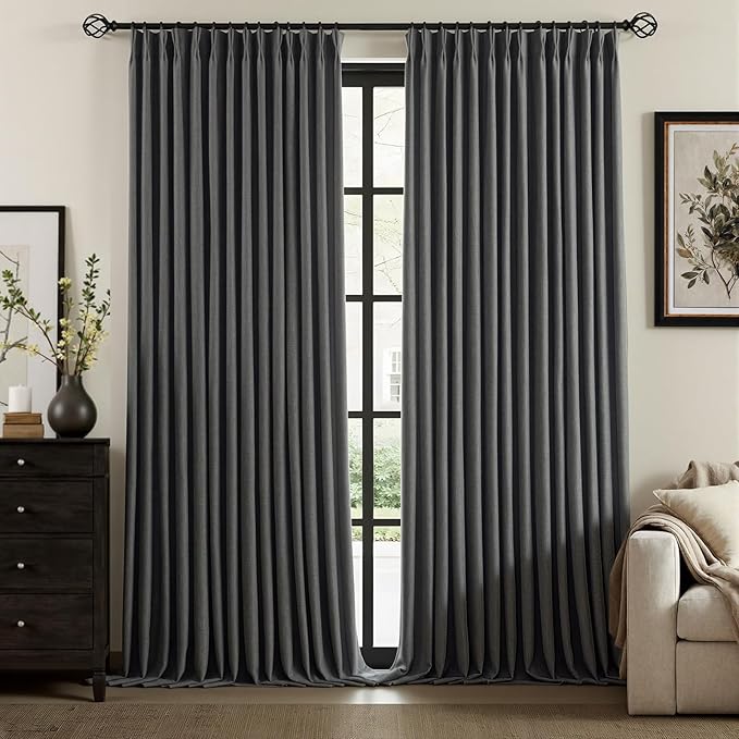 IVAPUPU Linen Pinch Pleated 100% Blackout Curtains for Bedroom - 2 Pages Black Out Grey Curtains 95 Inch Long 2 Panel for Living Room Darkening Thermal Window Curtain Drapes with 16pc Hooks