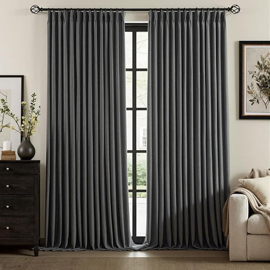 IVAPUPU Dark Grey Pinch Pleated Full Blackout Linen Curtains for Bedroom, Black Out Curtains 102 Inches Long for Living Room Darkening Thermal Insulated Neutral Pleat Drapes with 16 Hooks, 2 Panels