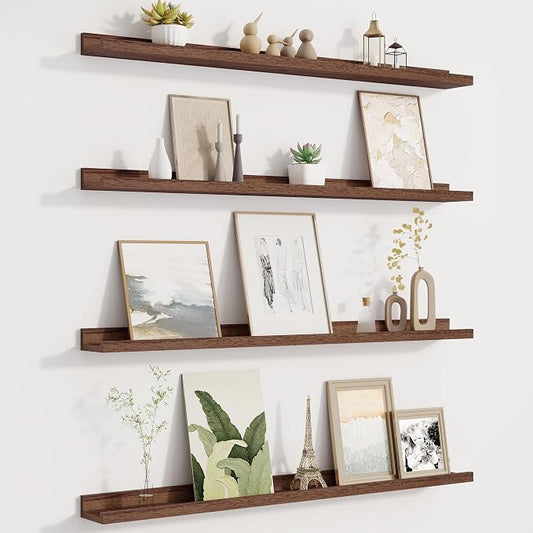 Fun Memories Picture Ledge Shelf for Wall, Floating Shelves Set of 4, 36 Inch Long Nursery Book Shelves for Toys Storage, Kids Bookshelf Wall Mounted for Books Photo Frames, Walnut
