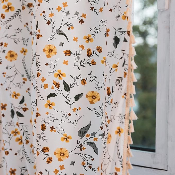 Sutuo Home Boho Curtain Semi-Blackout Yellow Florals Print Cotton Linen Fabric, Handmade Tassels Rod Pocket Bohemian Farmhouse Country Window Drapes for Living Bedroom, 59" W x 84" L, 1 Panel