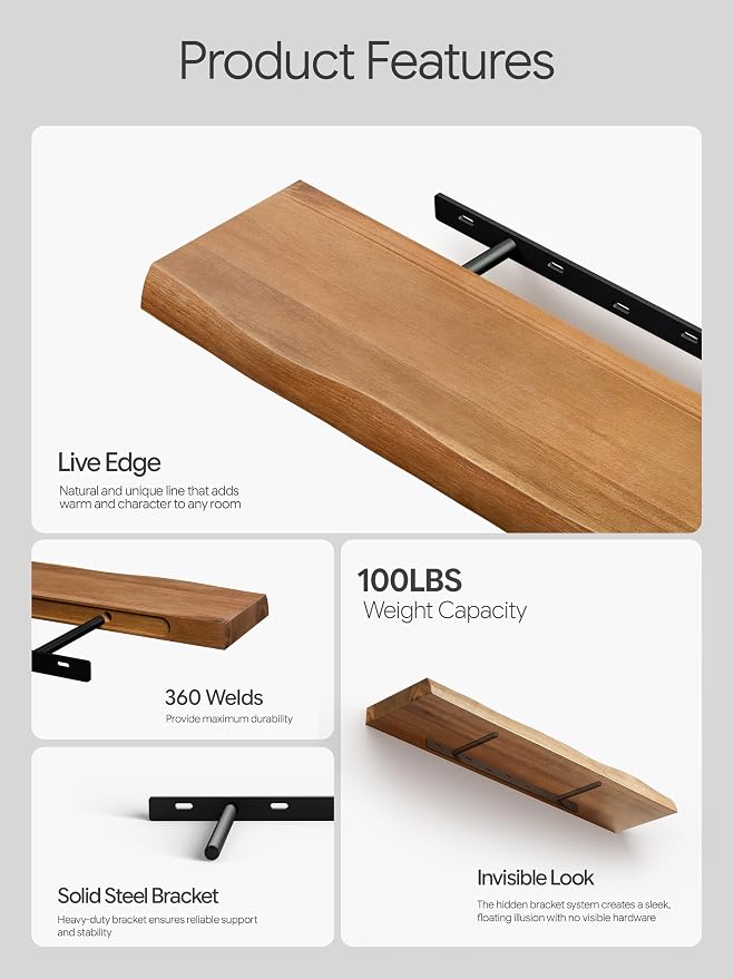 BATODA 24" Wooden Live Edge Floating Shelves for Wall, Book Shelf Set of 2 | Acacia Wood, 100 Lbs Capacity, Wall Mounted, Hidden Steel Brackets, Hardware Included, Used for Bathroom, Bedroom, Kitchen