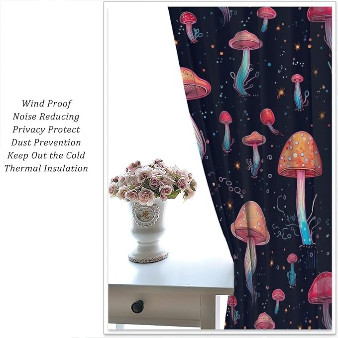 Fantasy Mushroom Blackout Curtains,Colorful Plant Print Window Treatments for Bedroom Living Room Kitchen Cartoon Herbs Floral Polyester Fabric Window Drapes 2 Panels Set,Total Size 42 x 45 Inch