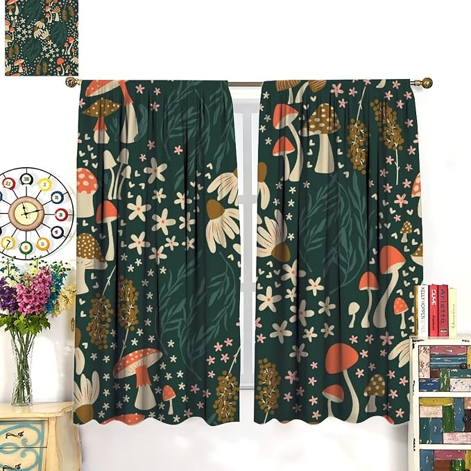 Woodland Mushroom Curtains, Rustic Fairytale Forest Natural Mushroom Flowers Plants Blackout Window Drapes for Farmhouse Kitchen Bedroom Livingroom, 63" W X 72" L