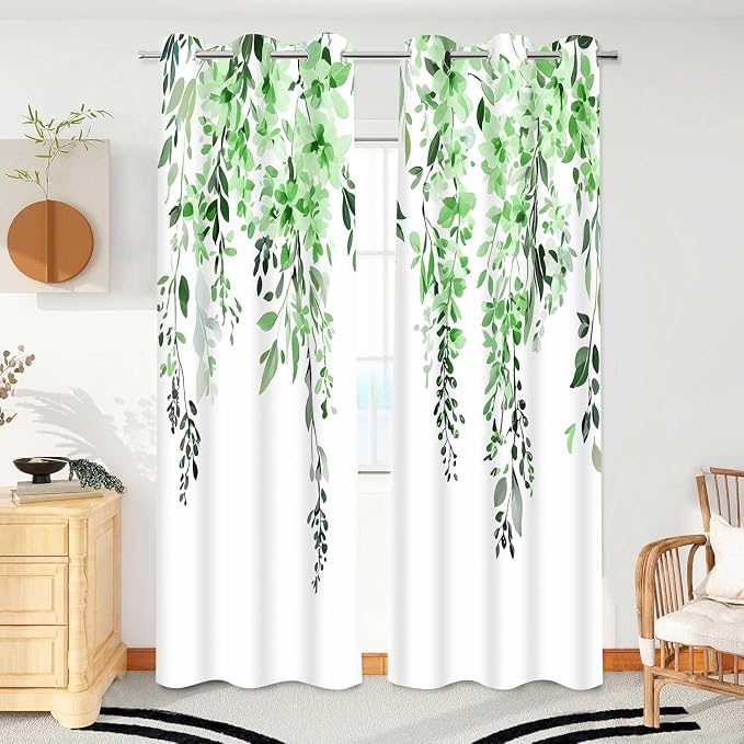 Green Watercolor Floral Curtains, Botanical Leaves Vine Flowers Curtain, Rustic Farmhouse Flower Leaf Blackout Window Treatment Drapes for Bedroom Living Room 42x72 inch, 2 Panels