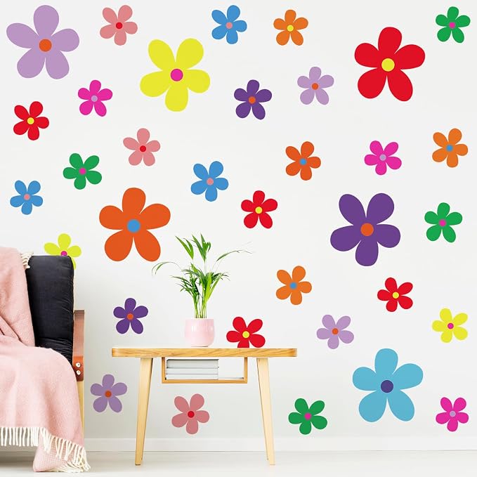 TaoBary 12 Sheet Daisy Wall Sticker Decal Removable Cute Daisy Bedroom Room Decor Flower Wall Sticker Pink White Flower Decal Wallpaper Peel and Stick for Nursery Home(Vivid Color,Exquisite Style)