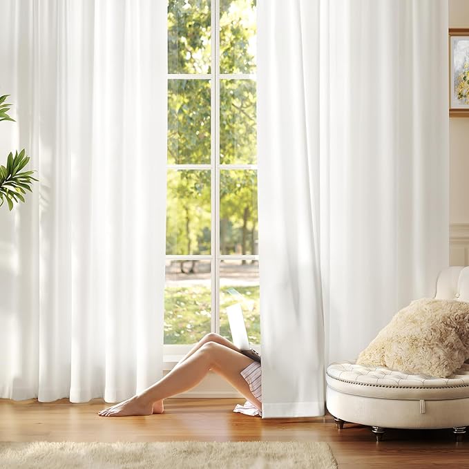 Anmao Non-See-Through Off White Privacy Semi Sheer Sliding Door Curtains for Living Room 84 Inch Length 2 Panels Set, Light Filtering Room Divider Window Drapes for Bedroom, 120W x 84L, Ivory White