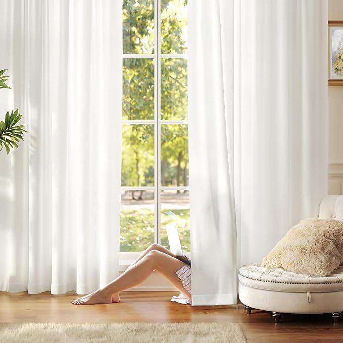 Anmao Non-See-Through Off White Privacy Semi Sheer Curtains for Living Room 72 Inch Length 2 Panels Set, Light Filtering That Let Light in Rod Pocket Window Drapes for Bedroom, 52W x 72L, Ivory White