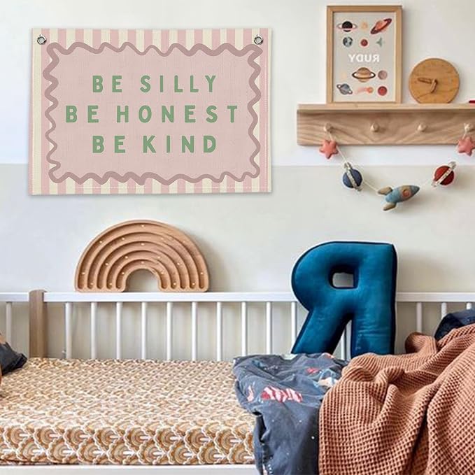 RTXLEZM Girls Room Decor, Be Silly Be Honest Kind Canvas Banner | Retro Pink Striped Inspirational Wall Art Prints for Kids Toddler Nursery Room Bedroom Playroom Decor, 20x30 Inch