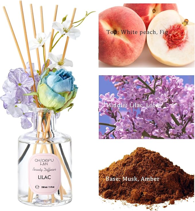 Chloefu Lan Lilac Reéd Diffuser Oil, 6.7 oz Refreshing Natural Essential Scented Oil with Purple Flower Diffuser Sticks,Bathroom Decor, Home & Office Decor,Diffuser Oil Gift Set