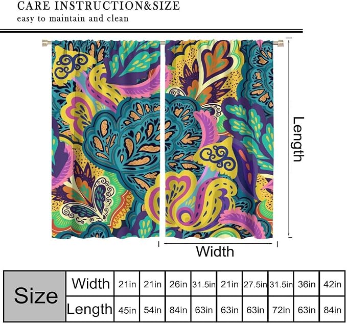 Bohemian-Style Floral Blackout Curtains with Psychedelic Abstract Paisley Print for Bedrooms, Living Rooms, and Kitchens52X84 Inch