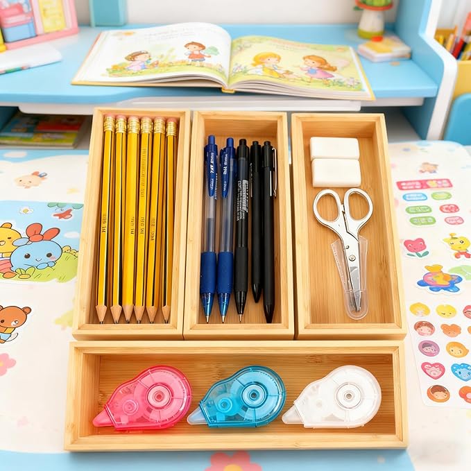 10 Pcs Bamboo Drawer Organizer 9 x 3 x 2 Inch Stackable Bamboo Silverware Tray Wooden Utensil Storage Box Small Gadget Holder for Kitchen Bathroom and Vanity