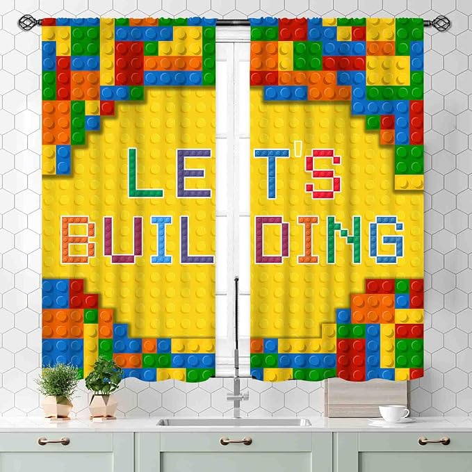 Building Blocks Curtains for Boys Room, Abstract Colorful Plastic Building Brick Blocks Geometric Printed Pattern Yellow Window Drapes for Kids Baby Bedroom Living Room, 55x39 Inch