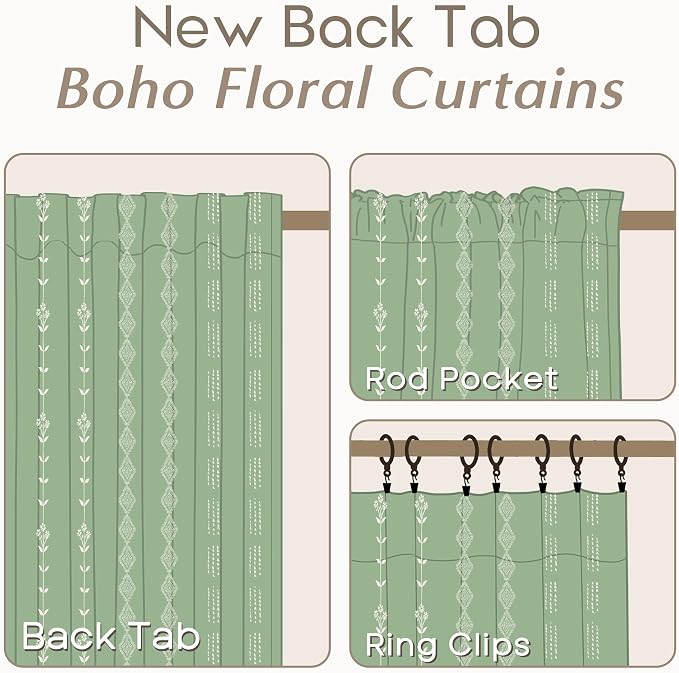 Light Green Floral Linen Spring Curtains for Living Room, 96 Inch Semi Sheer Boho Cottage Farmhouse Drapes for Bedroom Living Room, 50“ W x 96” L, 2 Panel Set