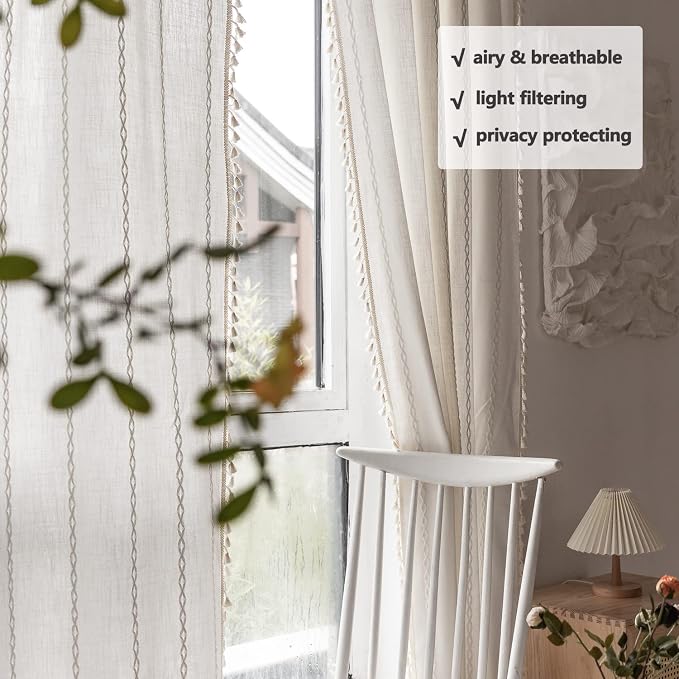 Boho Embroidery Linen Curtains 108 Inches Long for Living Room, 2 Panels Set, Cream Off White Light Filtering Farmhouse Draperies for Bedroom, Rod Pocket, 52" W x 108" L