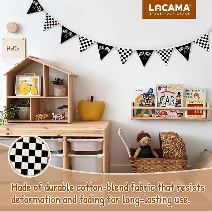 Lacama Car Room Decor,Boys Room Wall Art Decor for Toddler Nursery Playroom, Black and White Checkered Garland Triangle Banners,Racing Flags Bunting Flags Fabric for Baby Shower Birthday Party，Kidroom