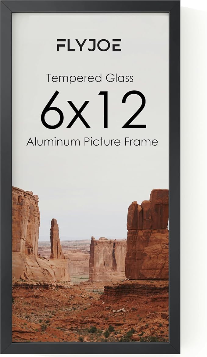 FLYJOE 6x12 Metal Picture Frame - Black Aluminum Picture Frames with Real Glass, Wall Mounting Horizontally or Vertically, Simple and Elegant Decor for Wall Gallery Poster Photo 12x6 Frames, Black