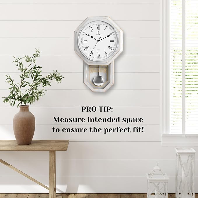 White Pendulum Wall Clock - Real Wood Regulator Clock - Rustic, Farmhouse Schoolhouse Design 18x11 - Quiet, Non-Chiming, Wooden & Battery Operated - Decorative Wall Decor for Living Room, Home, Office