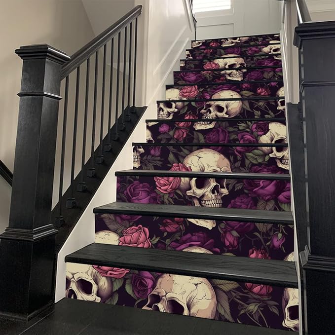 REDAMANCY Vintage Purple Rose Floral Skull Gothic Peel and Stick Vinyl Stair Riser Decals Staircase Tile Stickers Decor Modern Marble Decoration Self-Adhesive(14 Pcs)