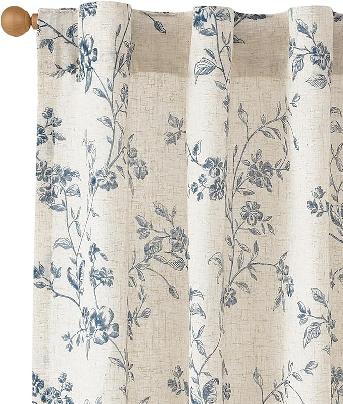 jinchan Blue Floral Linen Curtains 96 Inch French Country Back Tab 2 Panels | Flower patterned drapes, farmhouse, printed, light filtering, bedroom, living room, kitchen, window treatment, rod pocket