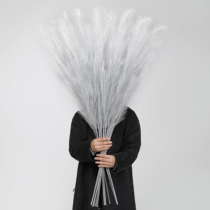 Wertuirk Silver Pampas Grass Decor, 8 Pcs 45 Inch Tall Large Faux Pompous Grass, Long Artificial Flowers for Floor Vases, Wedding Centerpieces, Baby Shower and Home Decoration (Silver)