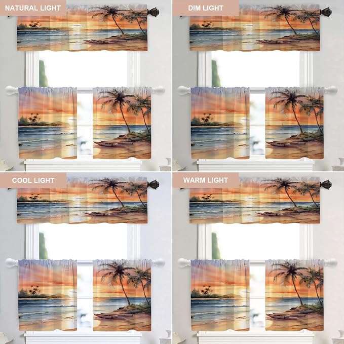 Shrahala Sunset Beach Blackout Curtain Tiers, Tropical Seaside Scene Kitchen Valance Light Blocking Tier Drapes with Rod Pocket, 2 Pack 26 X 24 in